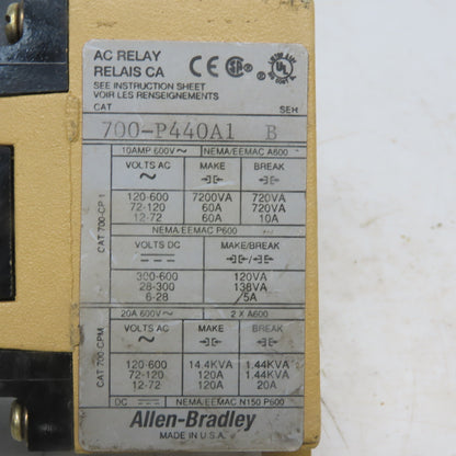 Allen Bradley 700-P440A1 Ser. B Control Relay 4 NOC & 4 NCC 120 VAC 60 HZ COIL