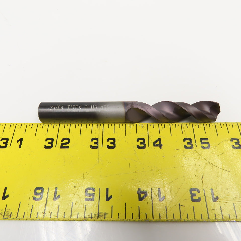 Titex A1148x31/64IN 31/64" Jobber HSS Firex Coated 2 Flute Drill Bit 4" OAL