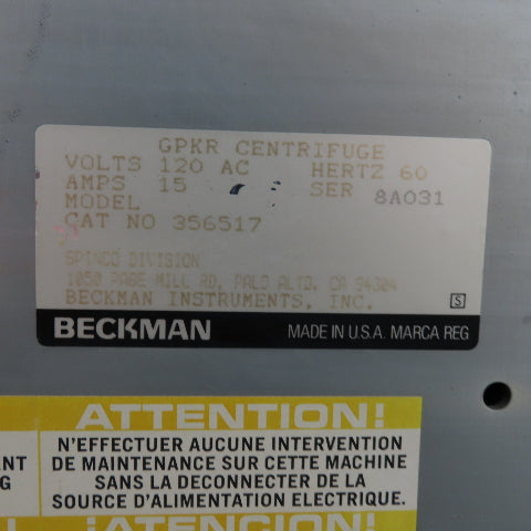 Beckman 356517 GPKR Bench Model Refrigerated Laboratory Centrifuge 120V