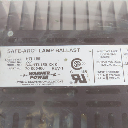 Warner Power 70-005400 Safe-Arc Lamp Ballast 115/230 VAC 50/60Hz