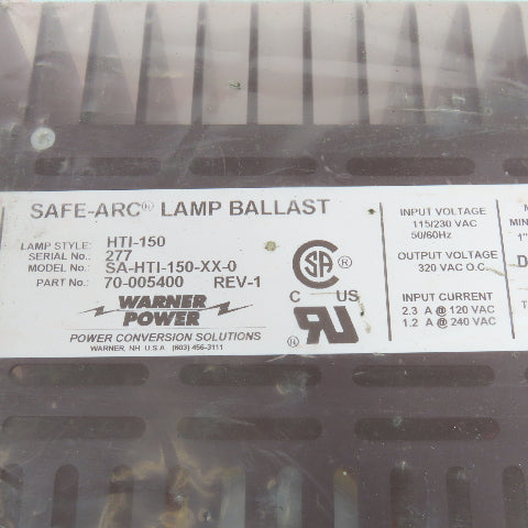 Warner Power 70-005400 Safe-Arc Lamp Ballast 115/230 VAC 50/60Hz