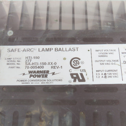 Warner Power 70-005400 Safe-Arc Lamp Ballast 115/230 VAC 50/60Hz