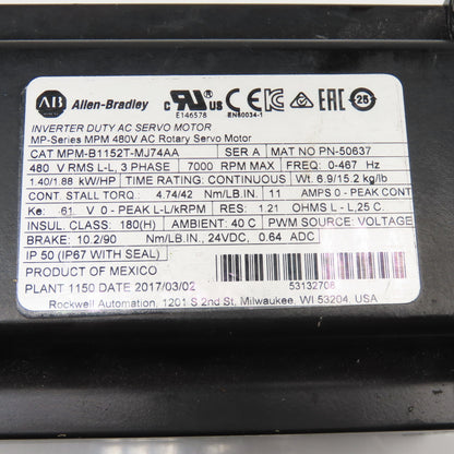 Allen Bradley MPM-B1152T-MJ74AA 1.88Hp 7000RPM 480V 3Ph AC Servo Brake Motor