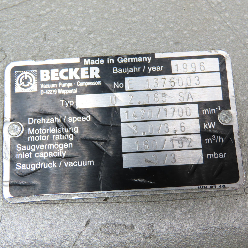 Becker U 2.165SA 113 CFM Rotary Vane Vacuum Pump Head Parts/Repair