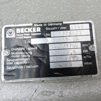 Becker U 2.165SA 113 CFM Rotary Vane Vacuum Pump Head Parts/Repair