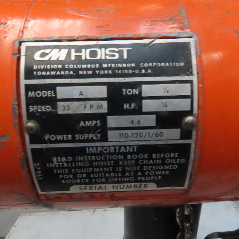 Cm Lodestar Model A 1/8 Ton Electric Chain Hoist 10' Lift 32FPM 115V 1Ph