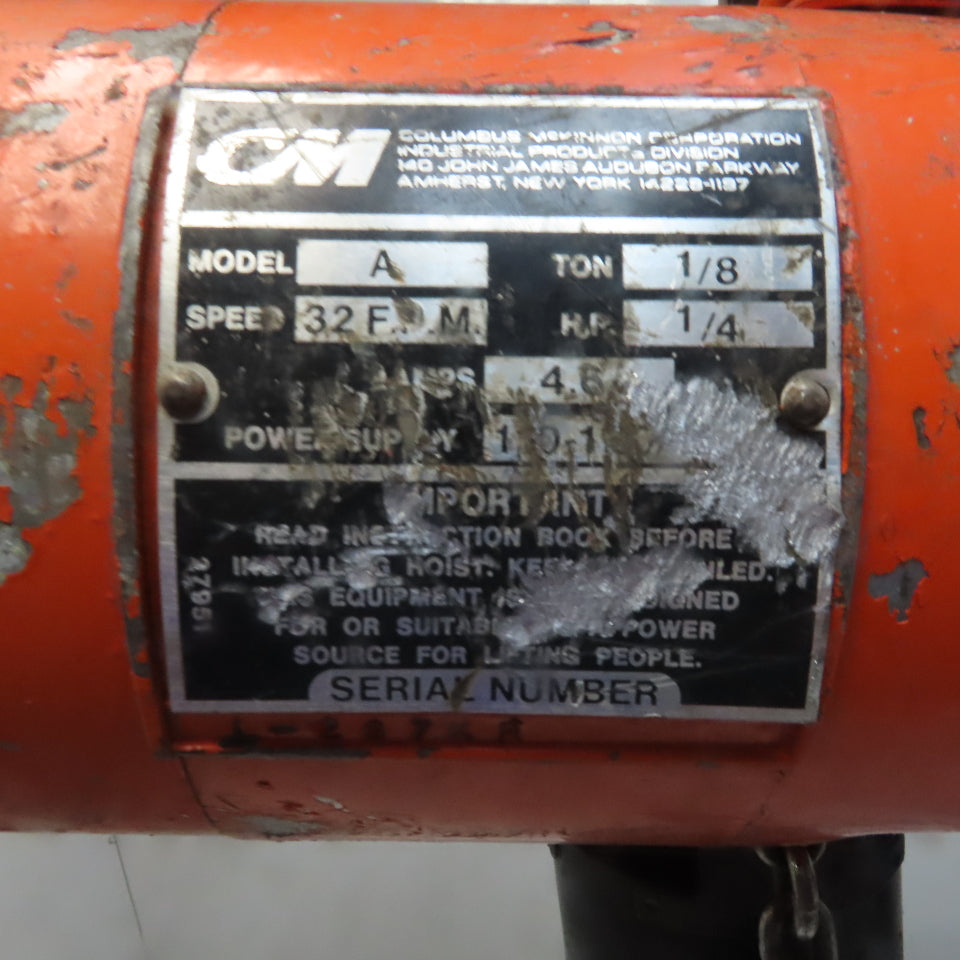 Cm Lodestar Model A 1/8 Ton Electric Chain Hoist 10' Lift 32FPM 115V 1Ph