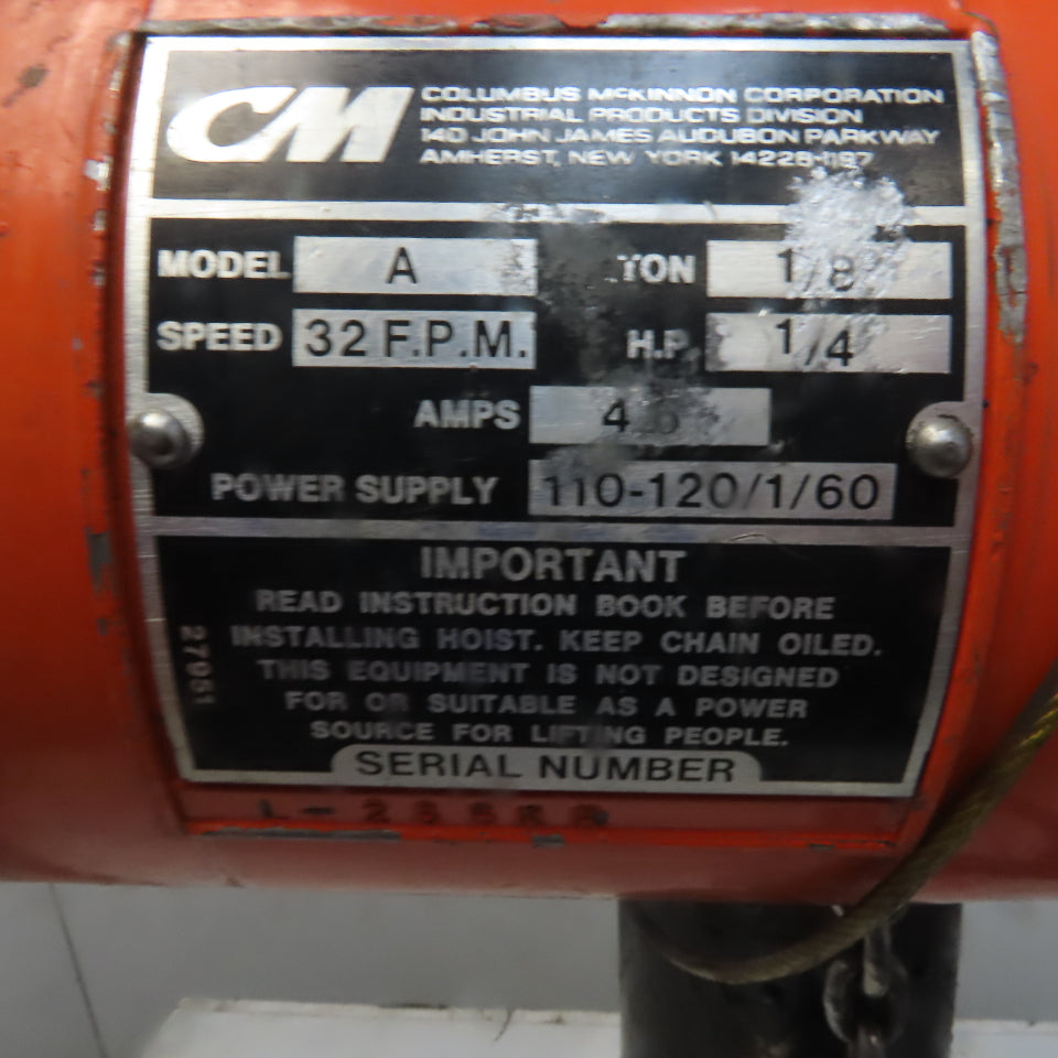 Cm Lodestar Model A 1/8 Ton Electric Chain Hoist 10' Lift 32FPM 115V 1Ph