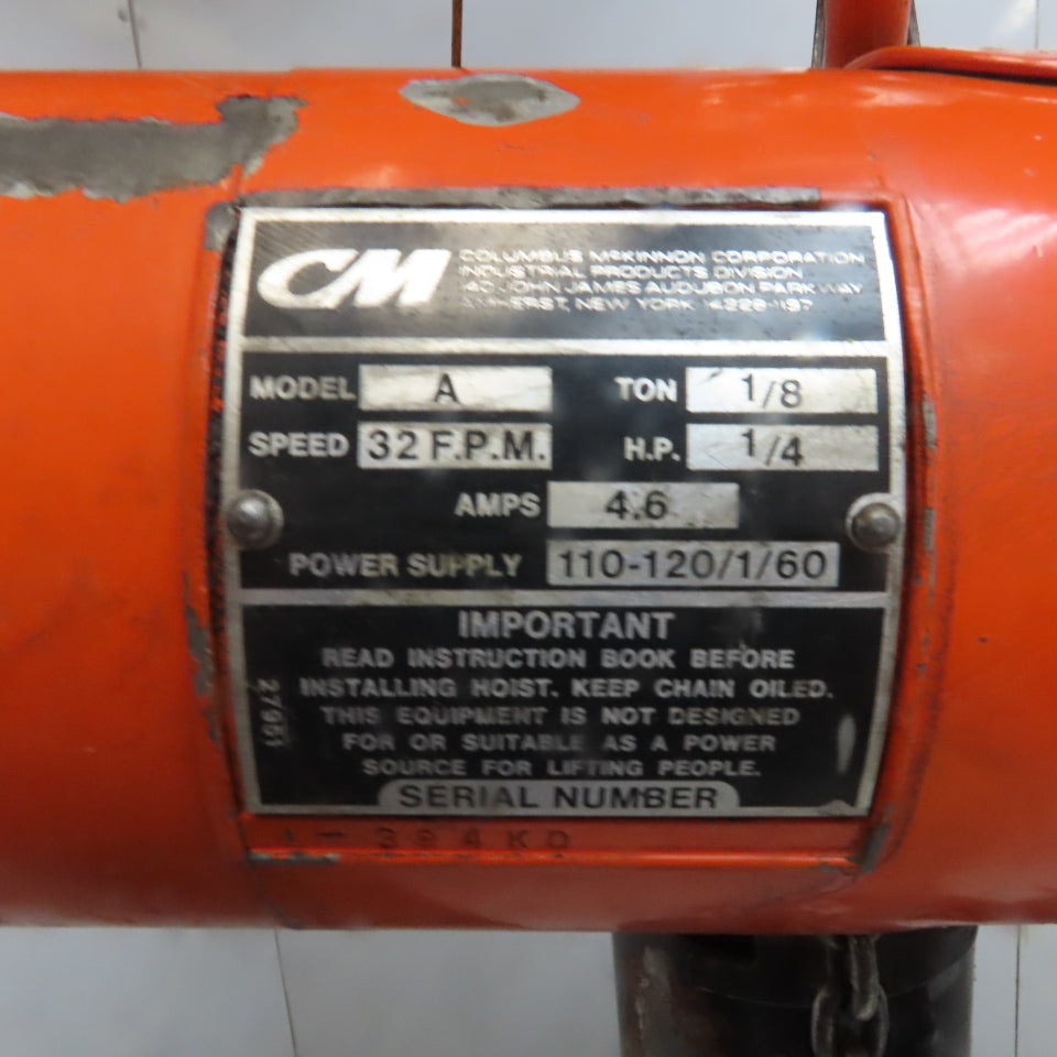 Cm Lodestar Model A 1/8 Ton Electric Chain Hoist 10' Lift 32FPM 115V 1Ph