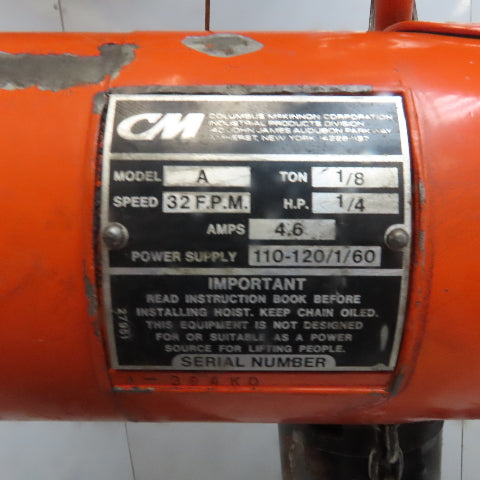 Cm Lodestar Model A 1/8 Ton Electric Chain Hoist 10' Lift 32FPM 115V 1Ph