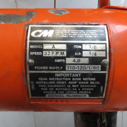 Cm Lodestar Model A 1/8 Ton Electric Chain Hoist 10' Lift 32FPM 115V 1Ph