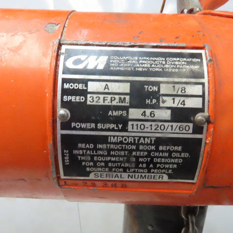 Cm Lodestar Model A 1/8 Ton Electric Chain Hoist 10' Lift 32FPM 115V 1Ph