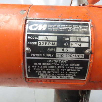 Cm Lodestar Model A 1/8 Ton Electric Chain Hoist 10' Lift 32FPM 115V 1Ph
