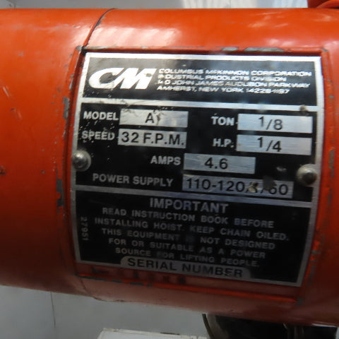 Cm Lodestar Model A 1/8 Ton Electric Chain Hoist 10' Lift 32FPM 115V 1Ph