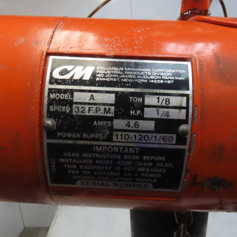 Cm Lodestar Model A 1/8 Ton Electric Chain Hoist 15' Lift 32FPM 115V 1Ph