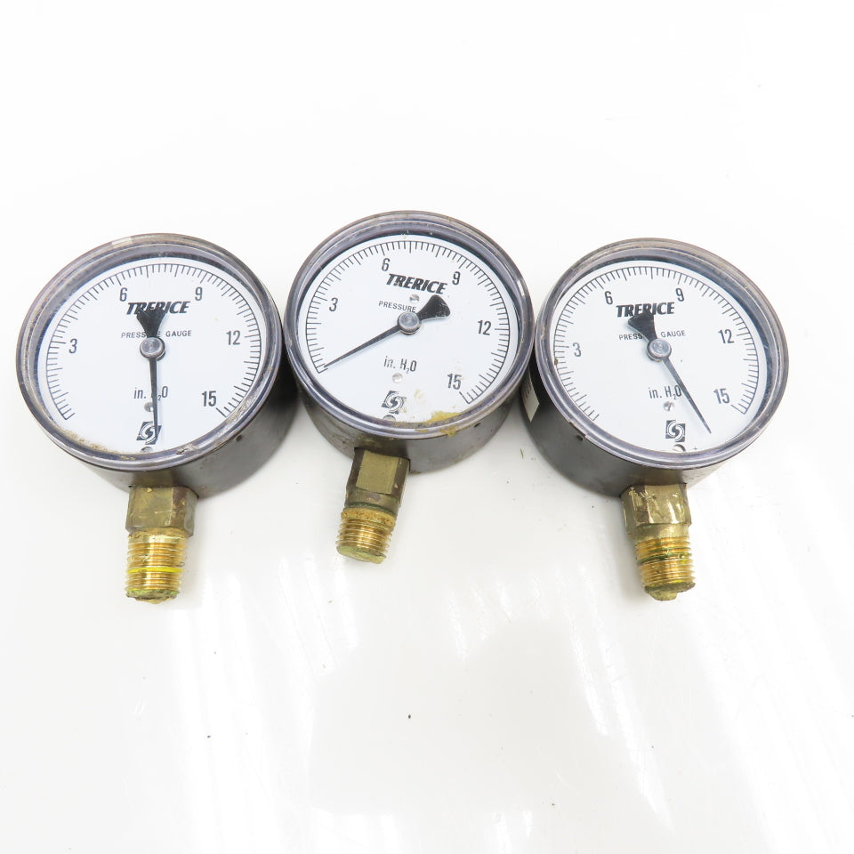 Trerice 0-15" H2O 1/4" Bottom Ported Pressure Gauge Lot Of 3