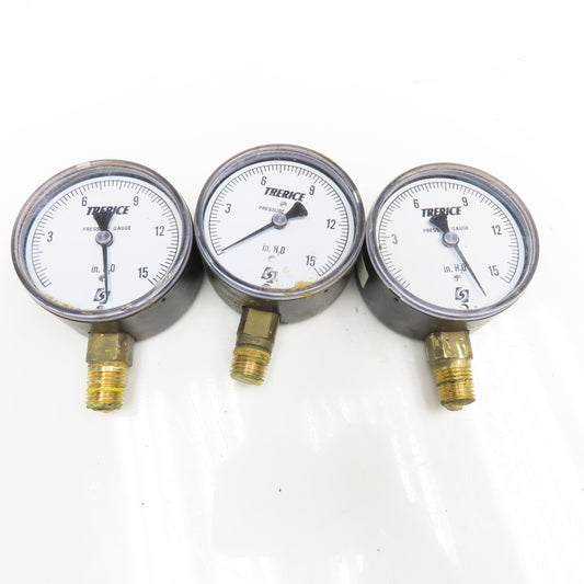 Trerice 0-15" H2O 1/4" Bottom Ported Pressure Gauge Lot Of 3