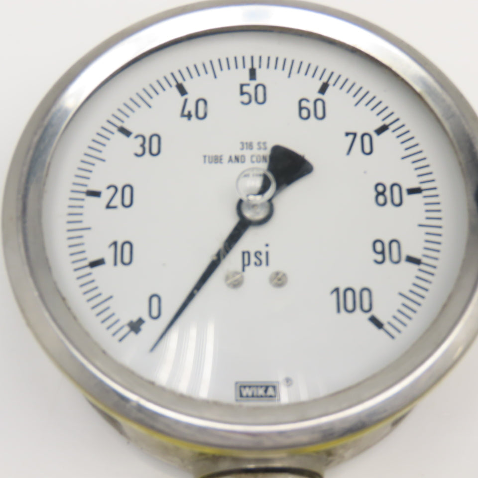 Wika 0-100PSI 4" Stainless Steel Bottom Ported Filled Pressure Gauge