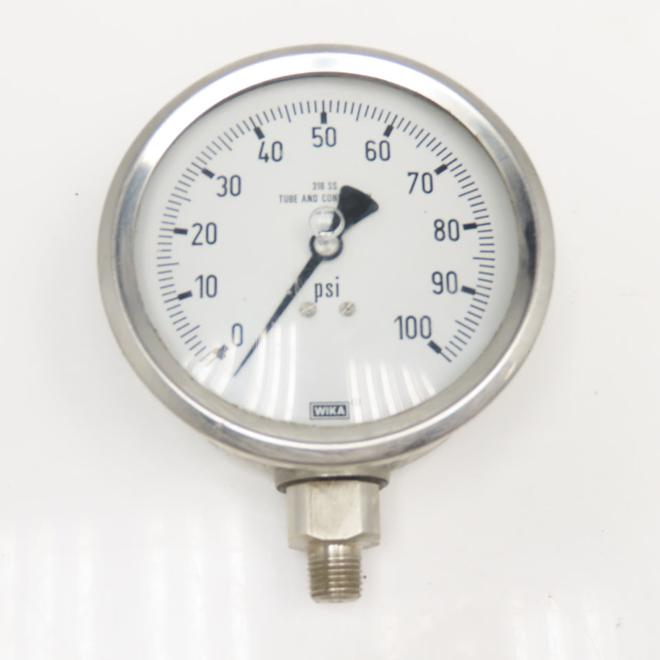 Wika 0-100PSI 4" Stainless Steel Bottom Ported Filled Pressure Gauge