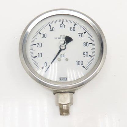 Wika 0-100PSI 4" Stainless Steel Bottom Ported Filled Pressure Gauge