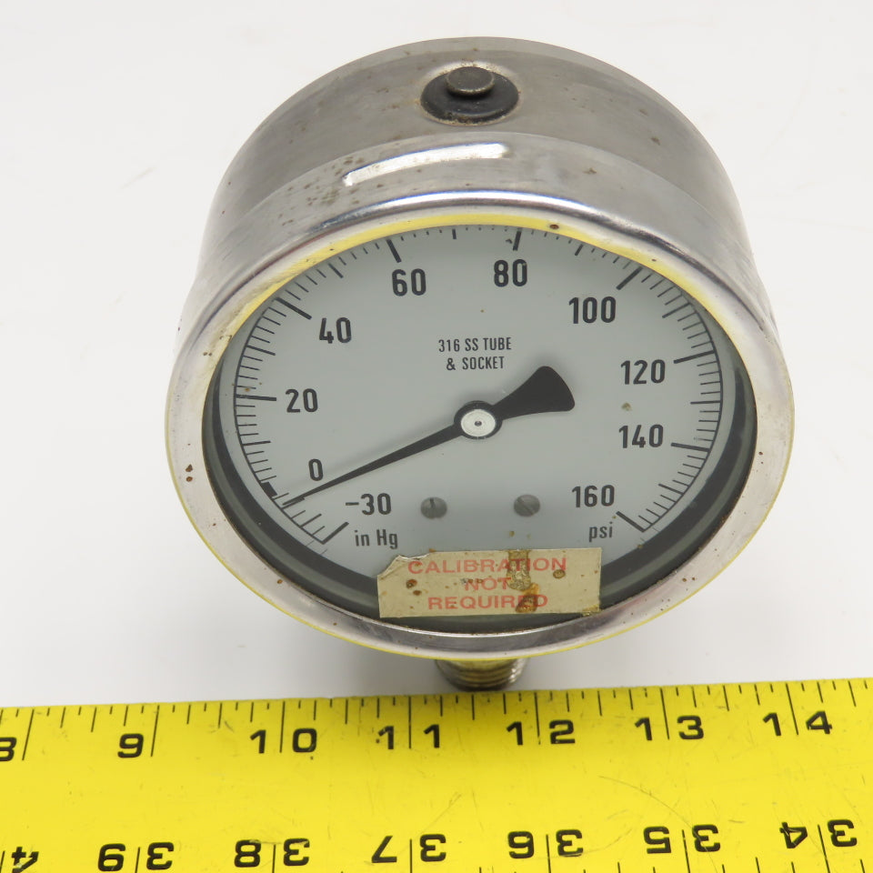 NoShok -30-160PSI Vacuum 4" Stainless Steel Bottom Ported Filled Pressure Gauge