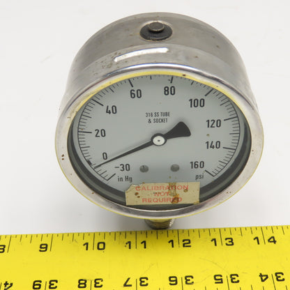 NoShok -30-160PSI Vacuum 4" Stainless Steel Bottom Ported Filled Pressure Gauge
