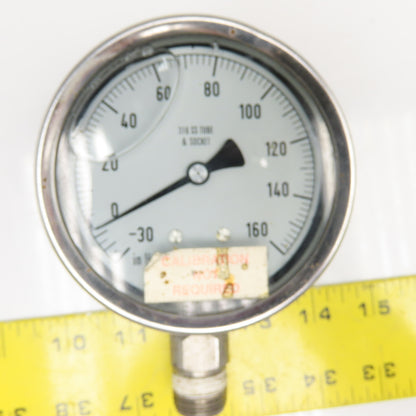 NoShok -30-160PSI Vacuum 4" Stainless Steel Bottom Ported Filled Pressure Gauge