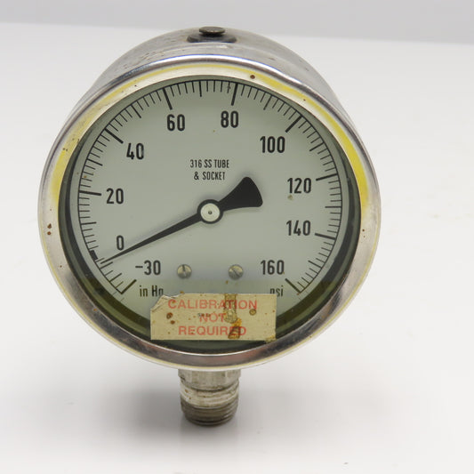 NoShok -30-160PSI Vacuum 4" Stainless Steel Bottom Ported Filled Pressure Gauge