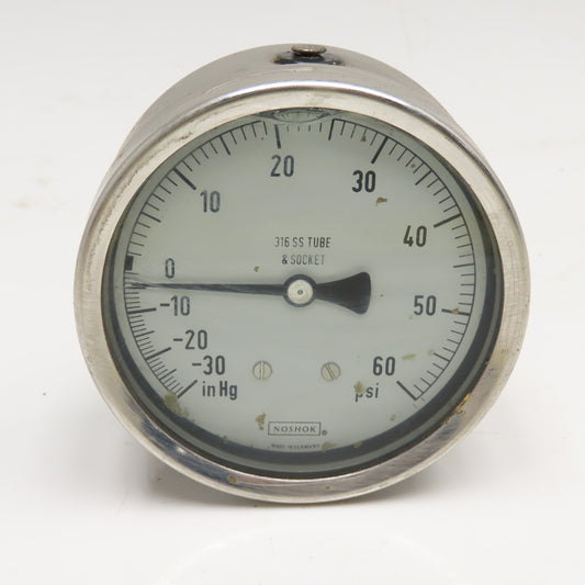 NoShok -30-60PSI Vacuum 4" Stainless Steel Back Ported Filled Pressure Gauge