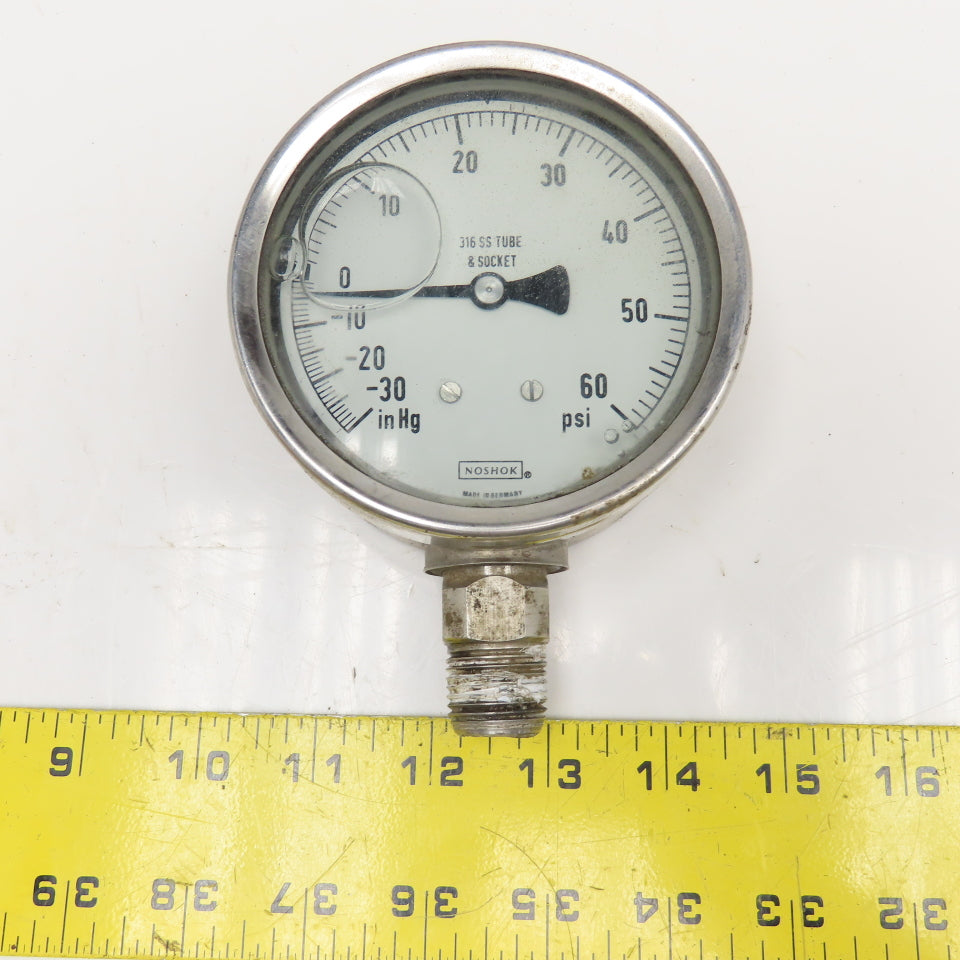NoShok -30inHg To 60PSI Vacuum Pressure Gauge Stainless Steel 1/2NPT Filled