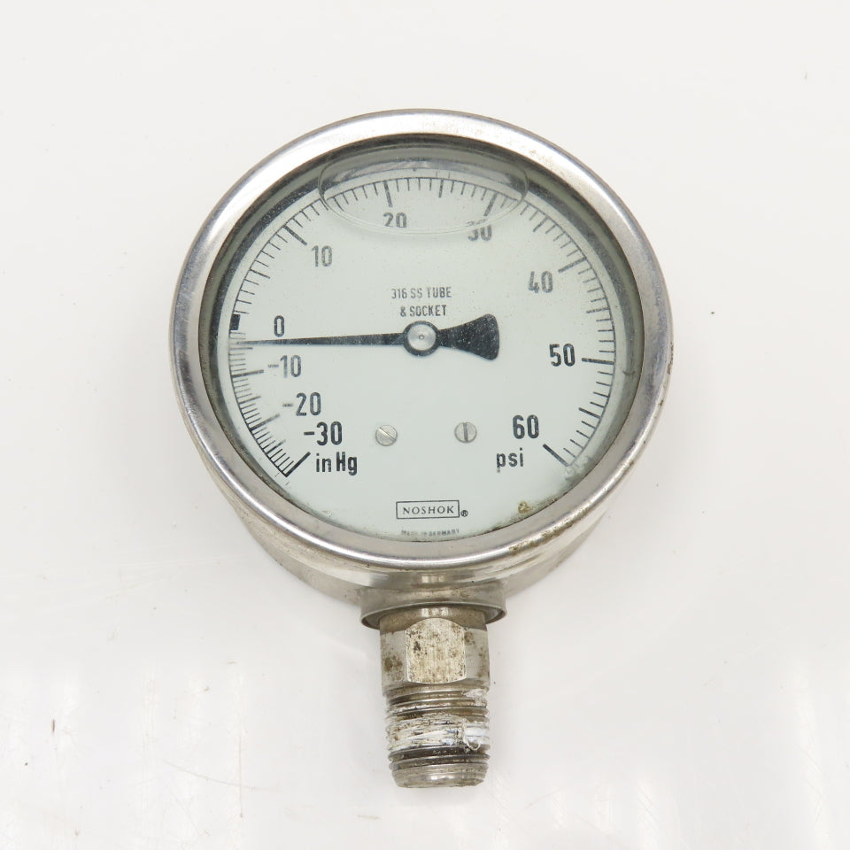 NoShok -30inHg To 60PSI Vacuum Pressure Gauge Stainless Steel 1/2NPT Filled