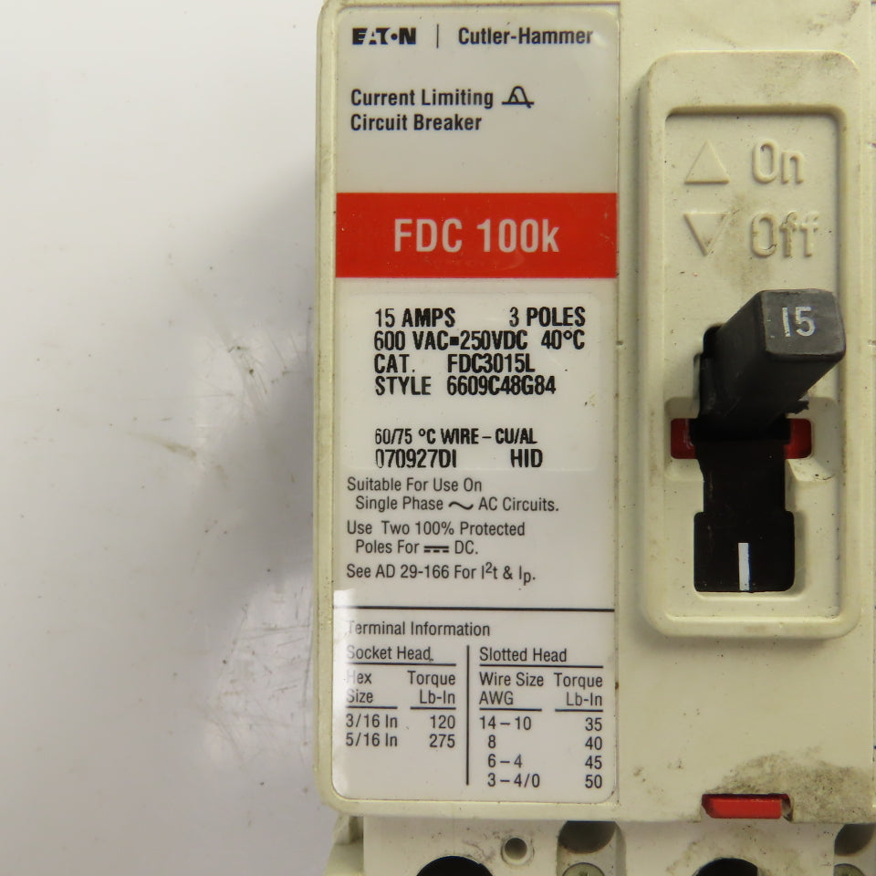 Eaton FDC3015L 15A Circuit Breaker FDC 100K 3 Pole 600VAC / 250VDC