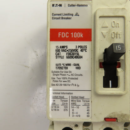 Eaton FDC3015L 15A Circuit Breaker FDC 100K 3 Pole 600VAC / 250VDC