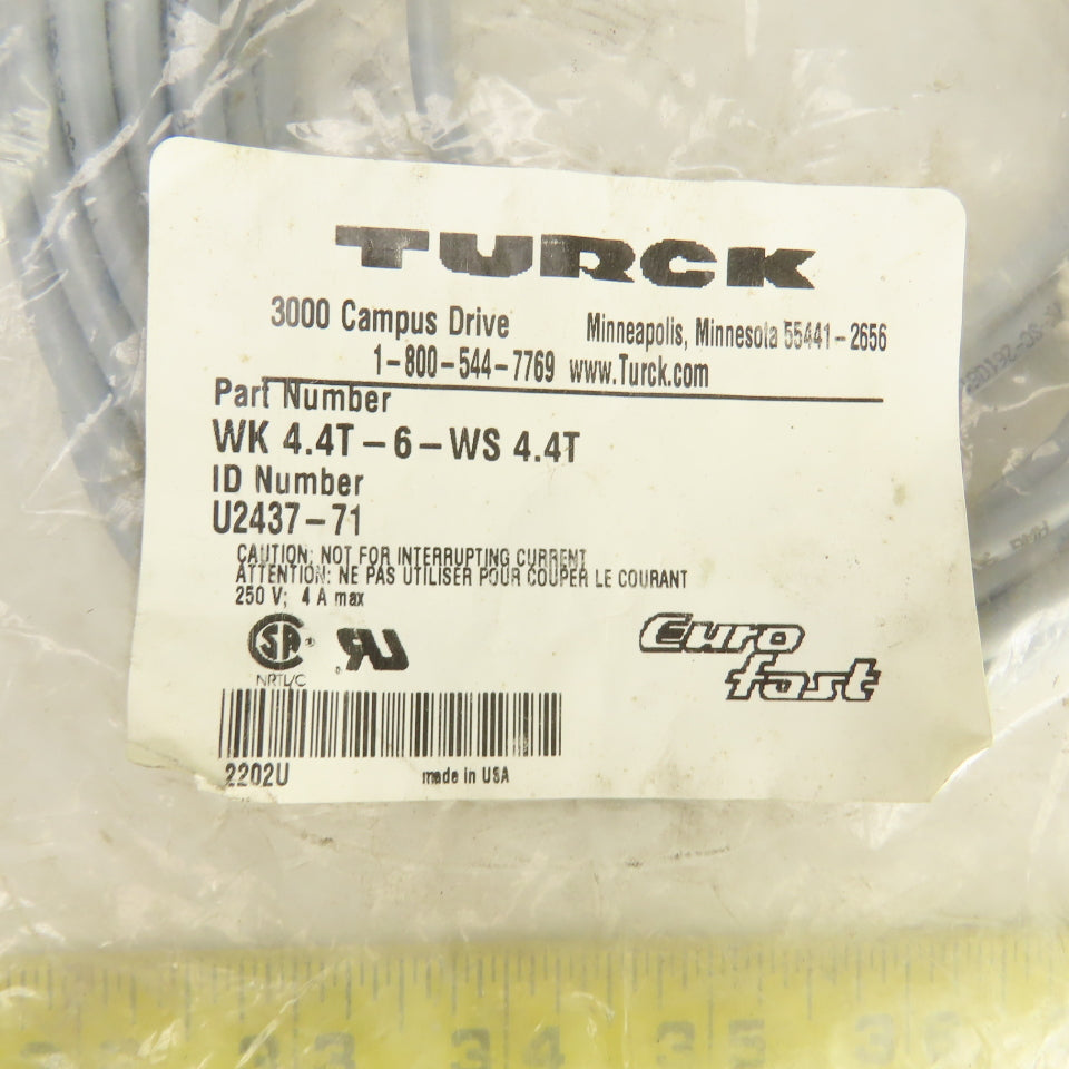 Turck WK 4.4T-6-WS 4.4T Euro-Fast Double Ended Right Angle Cordset 250V 6.0m L