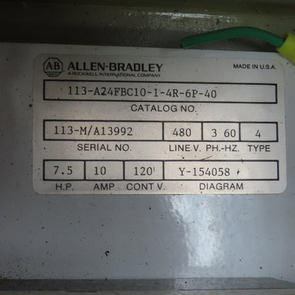 Allen Bradley 113-A24FBC10-1-4R-6P Combination Motor Starter 480V 3PH 10A 7.5HP