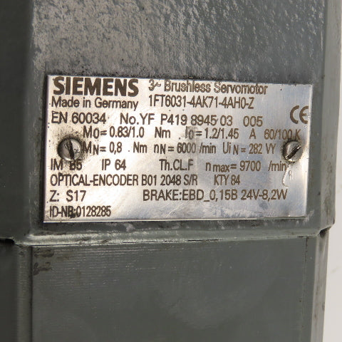 Siemens 1FT6031-4AK71-4AH0-Z SP 060-MF1-10-0C1-2S Servo Gear Reducer W/Encoder