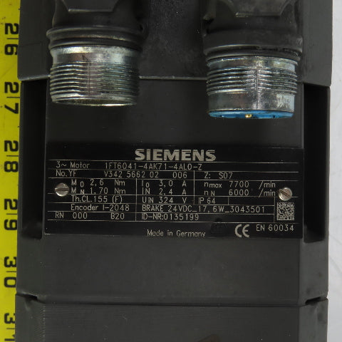 Siemens 1FT6041-4AK71-4AL0-Z Servo Motor 6000RPM 324V W/Brake & Encoder