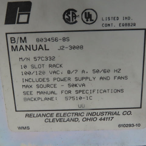 Reliance Electric 57C332 AutoMax 10 Slot Rack Chassis PLC W/Cooling Fans