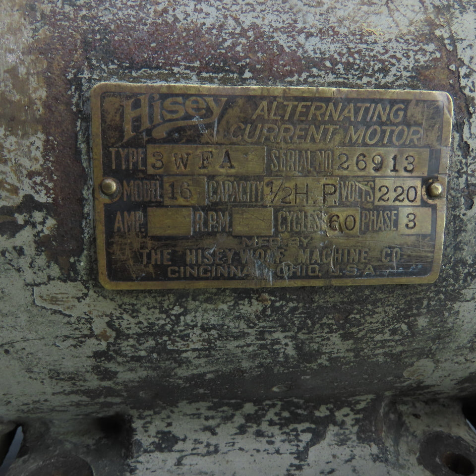 Hisey 3WFA Model 16 Vintage 8" Dual Side Bench Grinder 1/2HP 220V 3PH