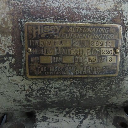 Hisey 3WFA Model 16 Vintage 8" Dual Side Bench Grinder 1/2HP 220V 3PH