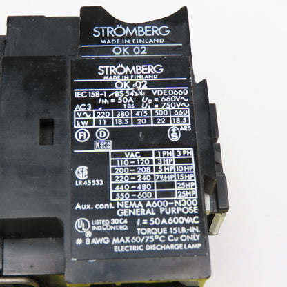 Stromberg OK02S-2J 600V 25Hp MAX Contactor 480V Coil 50/60Hz