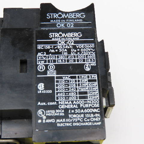 Stromberg OK02S-2J 600V 25Hp MAX Contactor 480V Coil 50/60Hz