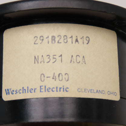 Weschler Electric 291B281A19 0-400 Amp ACA Panel Analog Ammeter