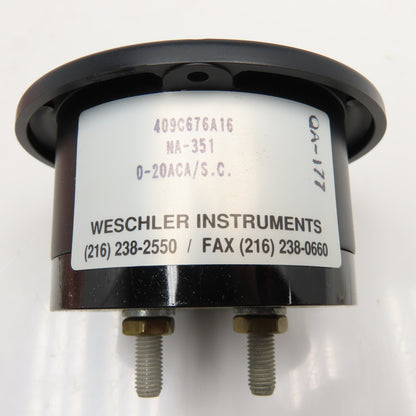 Weschler Electric 409C575A16 NA-351 0-20 Amp ACA Panel Analog Ammeter