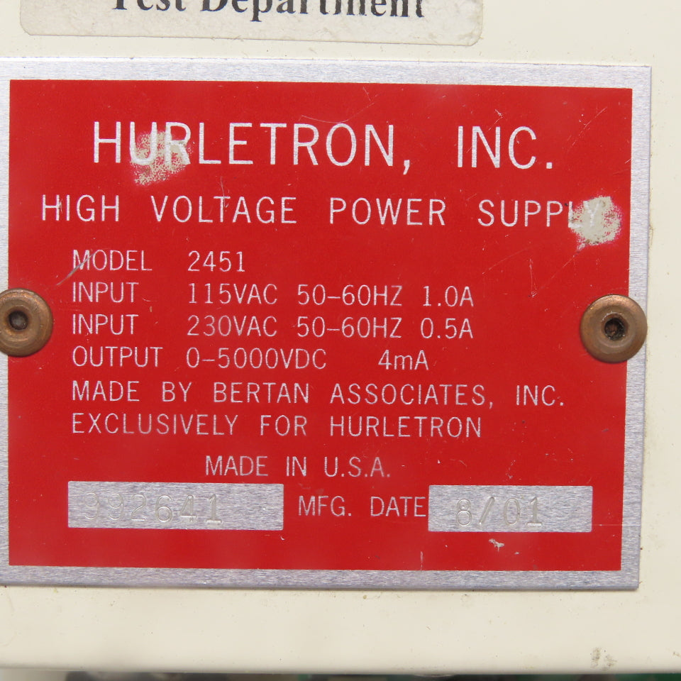 Hurletron 2451 High Voltage DC Power Supply 0-5000VDC 4mA Out 115/230V AC Input