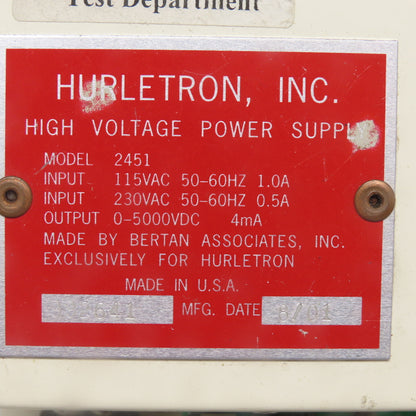 Hurletron 2451 High Voltage DC Power Supply 0-5000VDC 4mA Out 115/230V AC Input