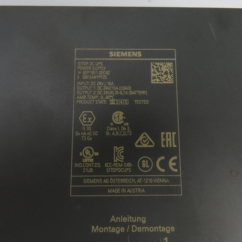 Siemens 6EP1931-2EC42 Sitop DC UPS Power Supply 24VDC Input Output