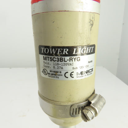 Menics MT5C3BL-RYG 3-Stack Tower Light 110-120VAC Green, Amber, Red