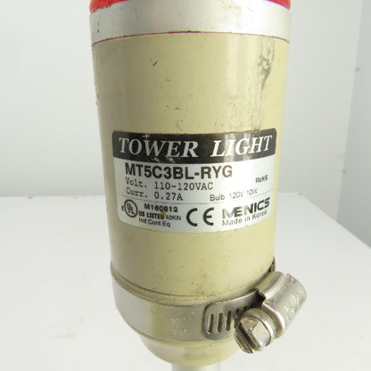 Menics MT5C3BL-RYG 3-Stack Tower Light 110-120VAC Green, Amber, Red
