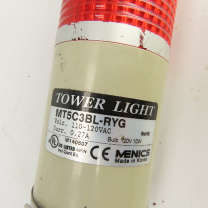 Menics MT5C3BL-RYG 3-Stack Tower Light 110-120VAC Green, Amber, Red Parts/Repair